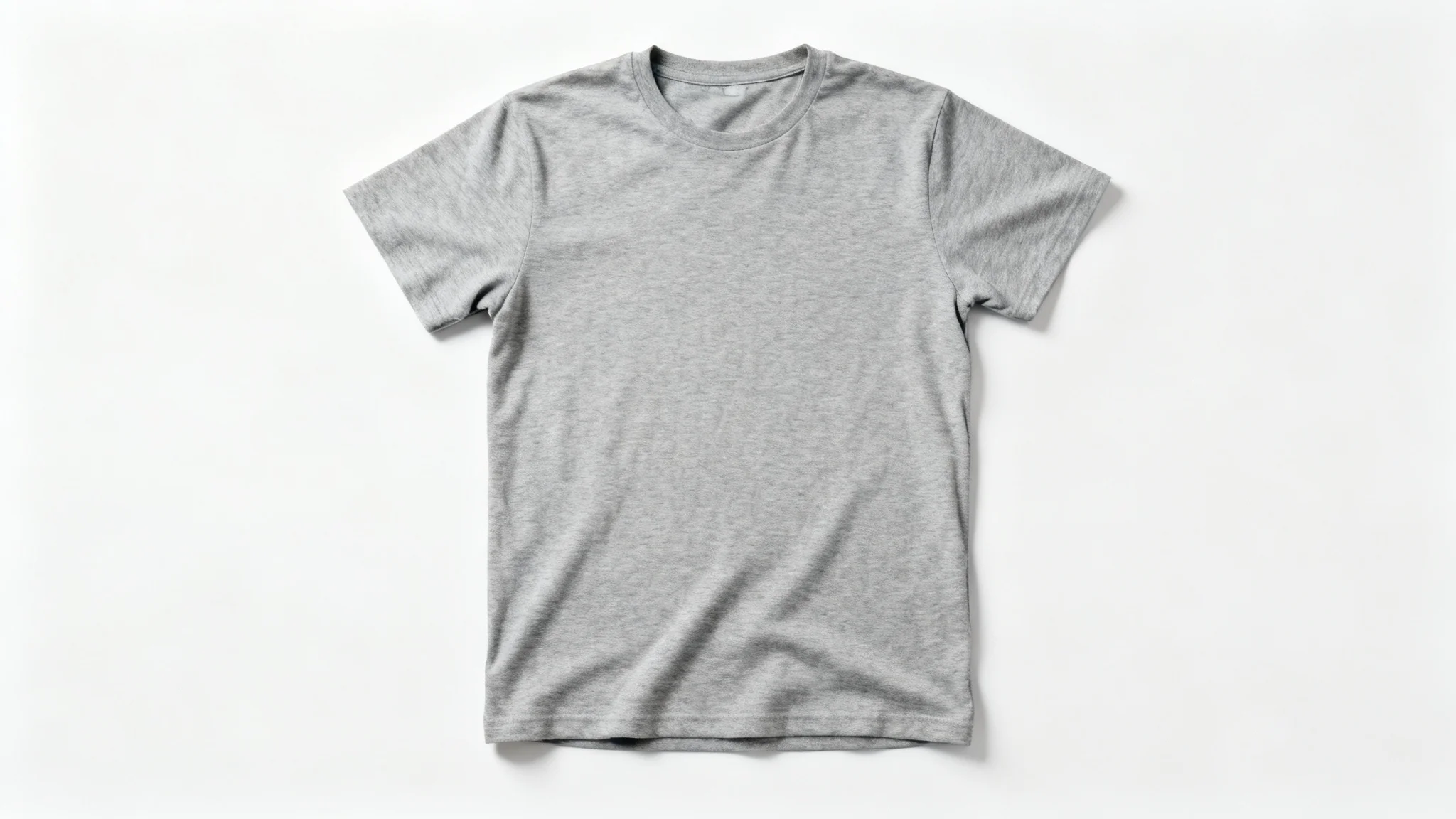 A photorealistic top-down view of a blank heather grey t-shirt laid flat on a white background, serving as a clean mockup for a clothing design.