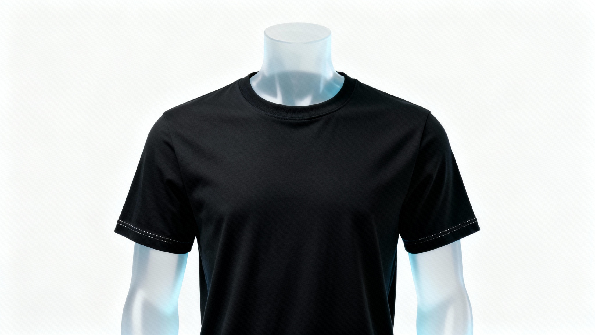 A professional product mockup of a black cotton t-shirt on an invisible mannequin, shot in a studio with a clean white background.