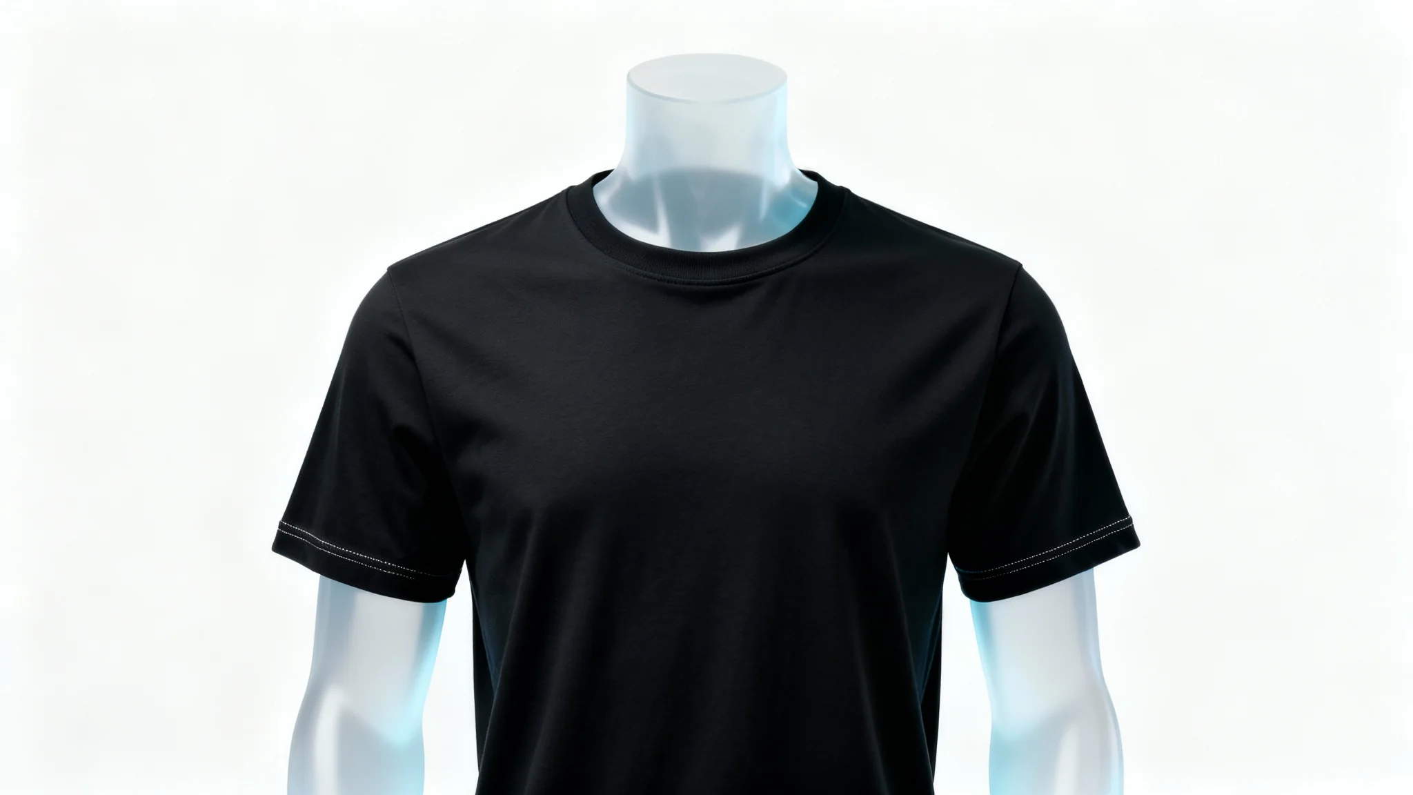 A professional product mockup of a black cotton t-shirt on an invisible mannequin, shot in a studio with a clean white background.