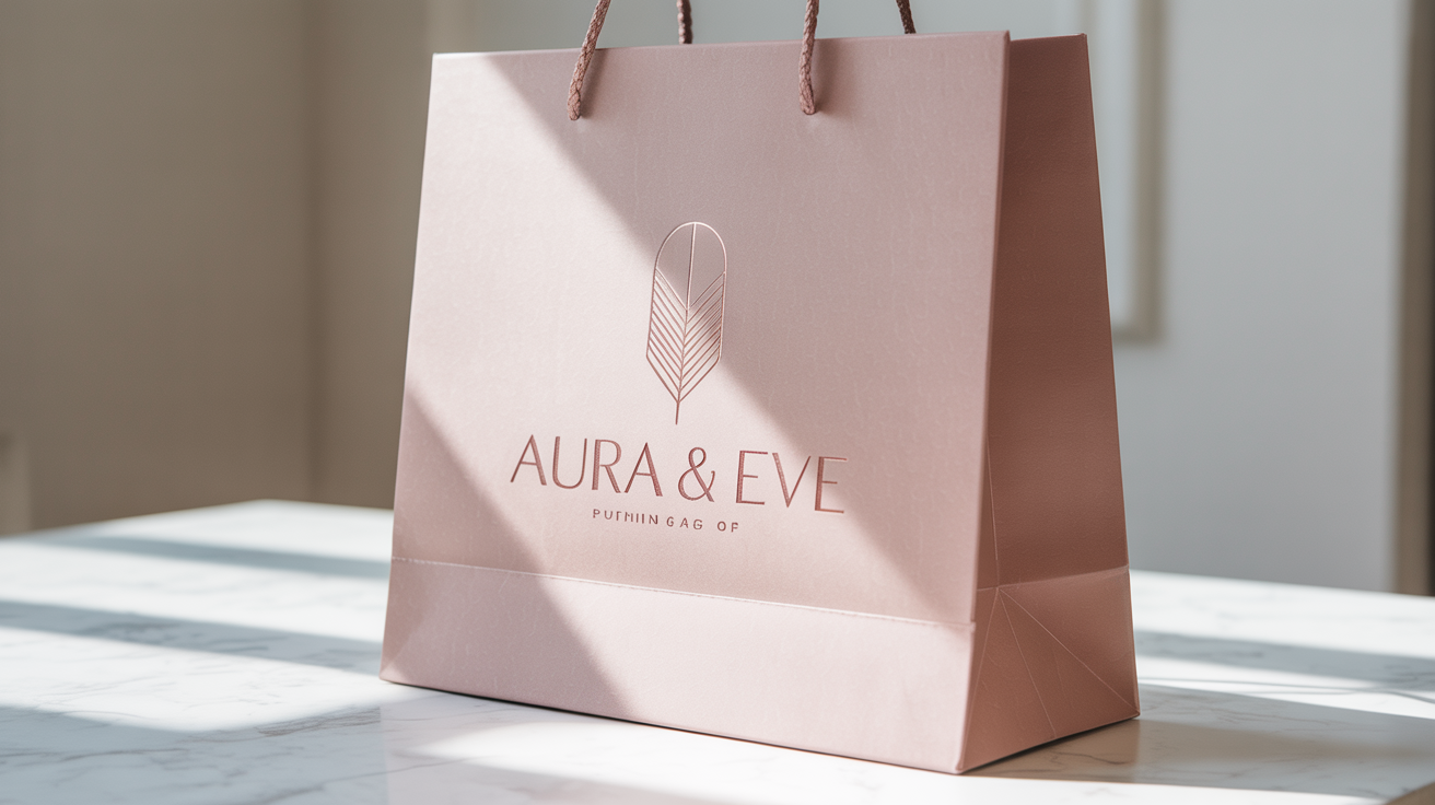 A finished logo for a boutique named 'Aura & Eve' beautifully mocked up on a blush pink shopping bag with rose gold foil, demonstrating a final design result.