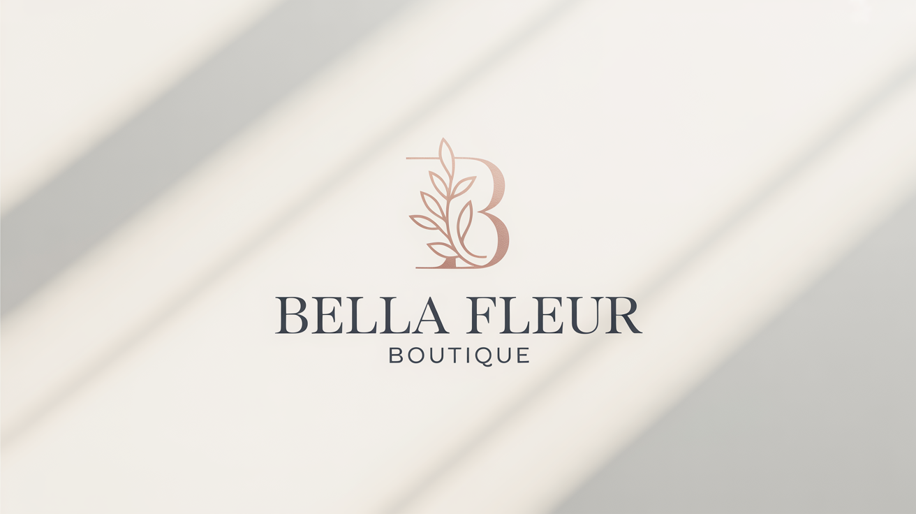 A minimalist and elegant logo for 'Bella Fleur Boutique', featuring a rose gold stylized letter 'B' with a leaf design, displayed on a clean white background.