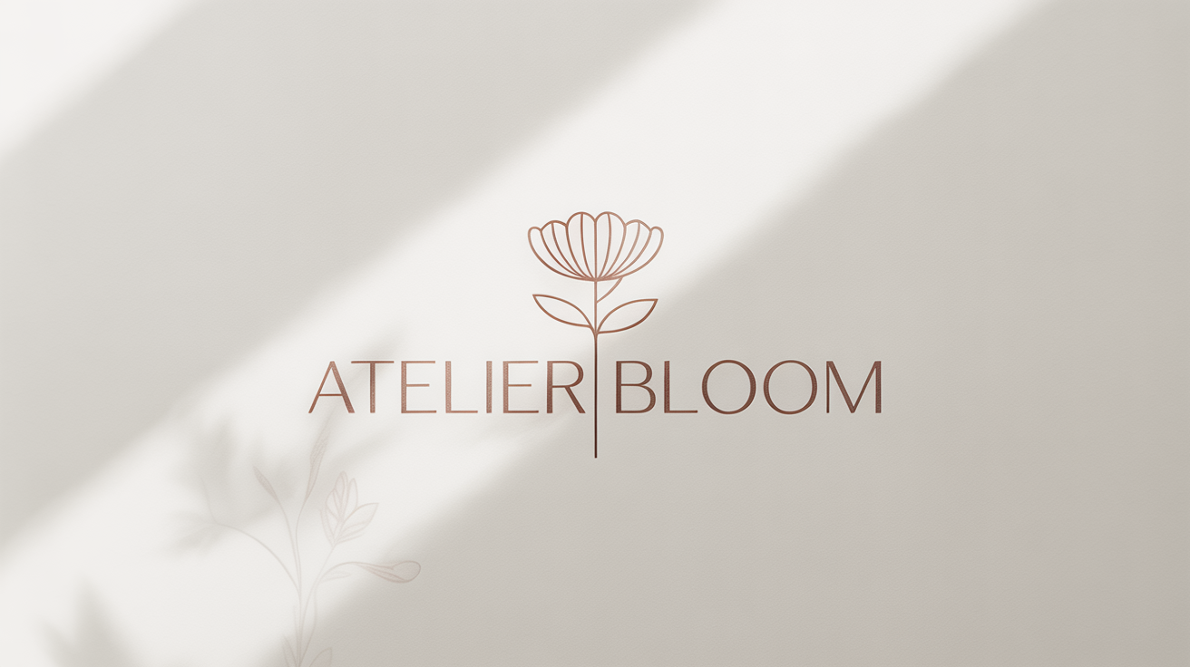 An elegant logo mockup for a boutique named 'Atelier Bloom'. The logo features a minimalist rose gold flower icon above the name, all centered on a pristine white background.