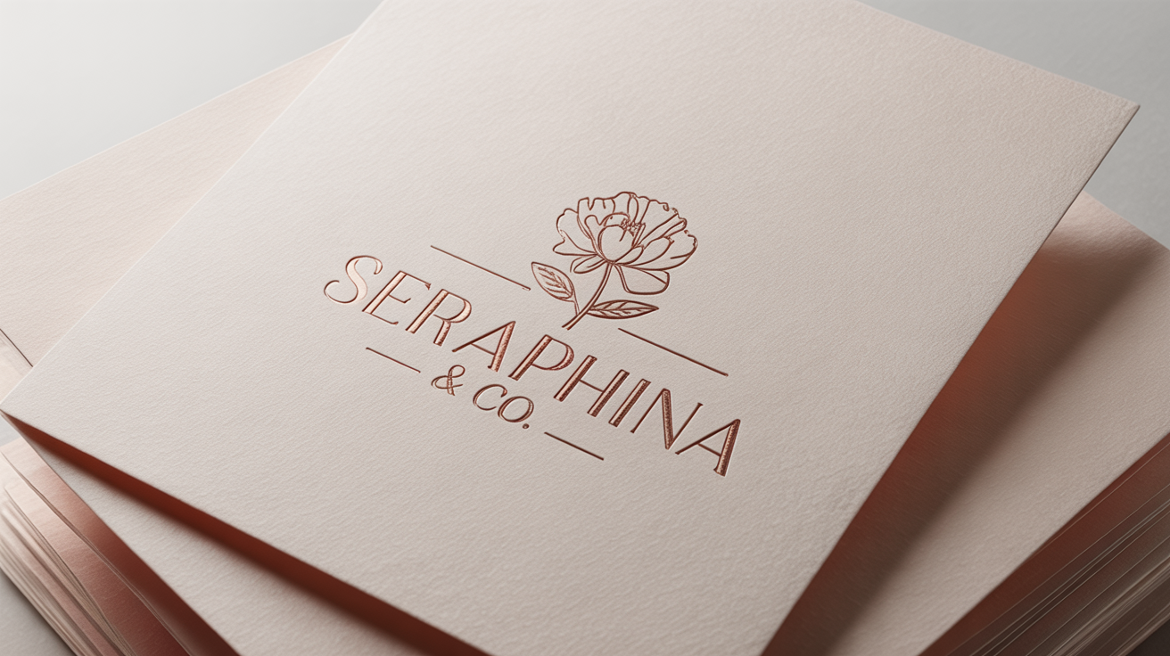 A close-up of a sophisticated boutique logo for "SERAPHINA & CO." with a peony icon, embossed in rose gold foil on textured white cardstock.