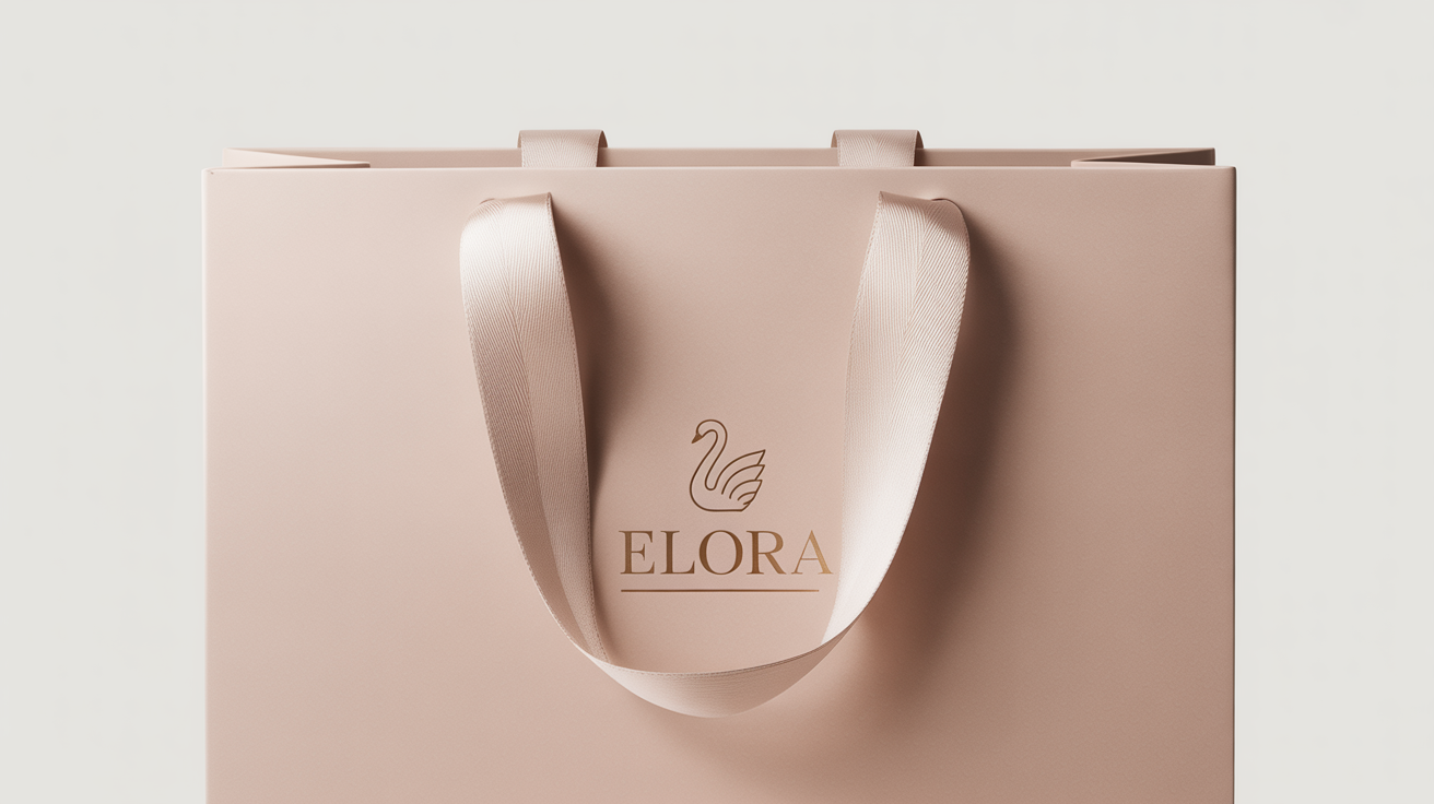A photorealistic mockup of a blush pink boutique shopping bag featuring a gold foil logo for a brand named 'Elora', set against a plain white background.