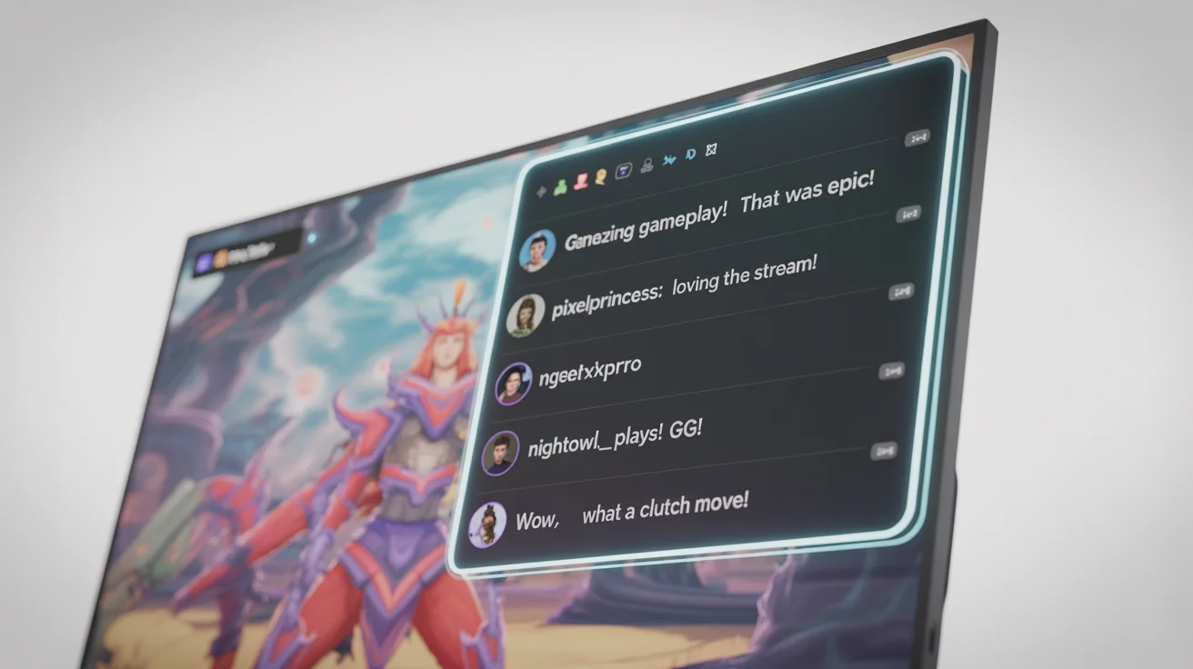 A mockup of a modern chat overlay for a video game live stream. The overlay, featuring fictional user comments, is shown on a screen against a clean white background.