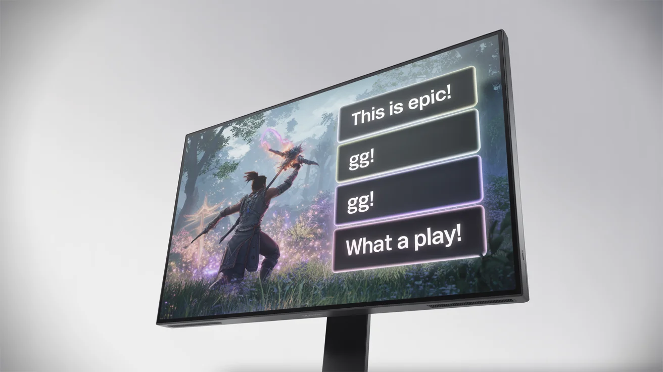 A mockup of a gaming monitor on a white background, showcasing a fantasy video game with a sleek, modern chat overlay displaying messages on the screen.