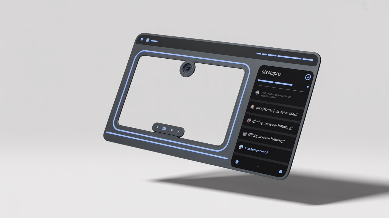 A sleek, dark-themed chat overlay graphic for live streaming, featuring neon blue accents and fictional text for alerts and branding, displayed as a product mockup against a white background.