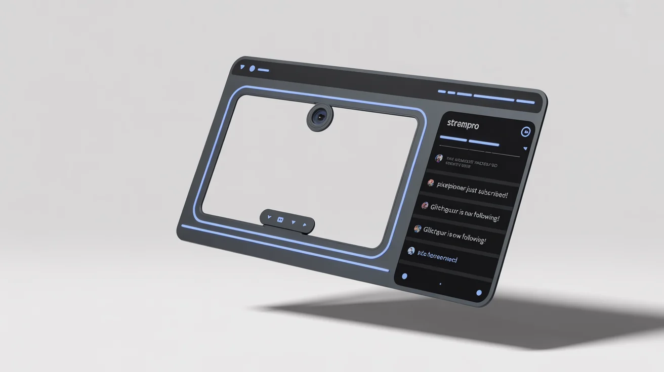 A sleek, dark-themed chat overlay graphic for live streaming, featuring neon blue accents and fictional text for alerts and branding, displayed as a product mockup against a white background.