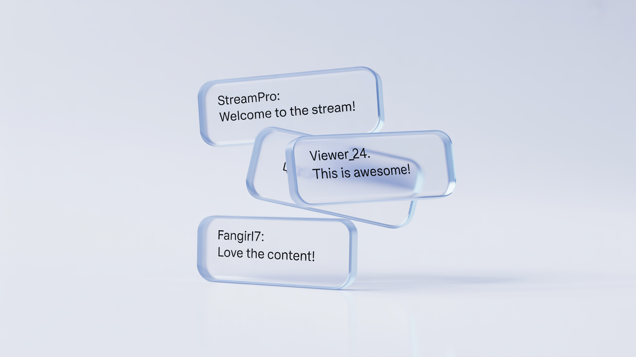 A 3D mockup of a chat overlay, featuring a stack of three semi-transparent, glowing chat boxes with sample text, floating against a clean white background.