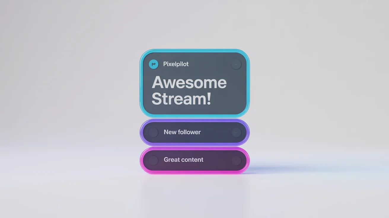 A sleek, futuristic chat overlay mockup for streamers, featuring neon-outlined chat boxes with sample text, presented against a clean white background.