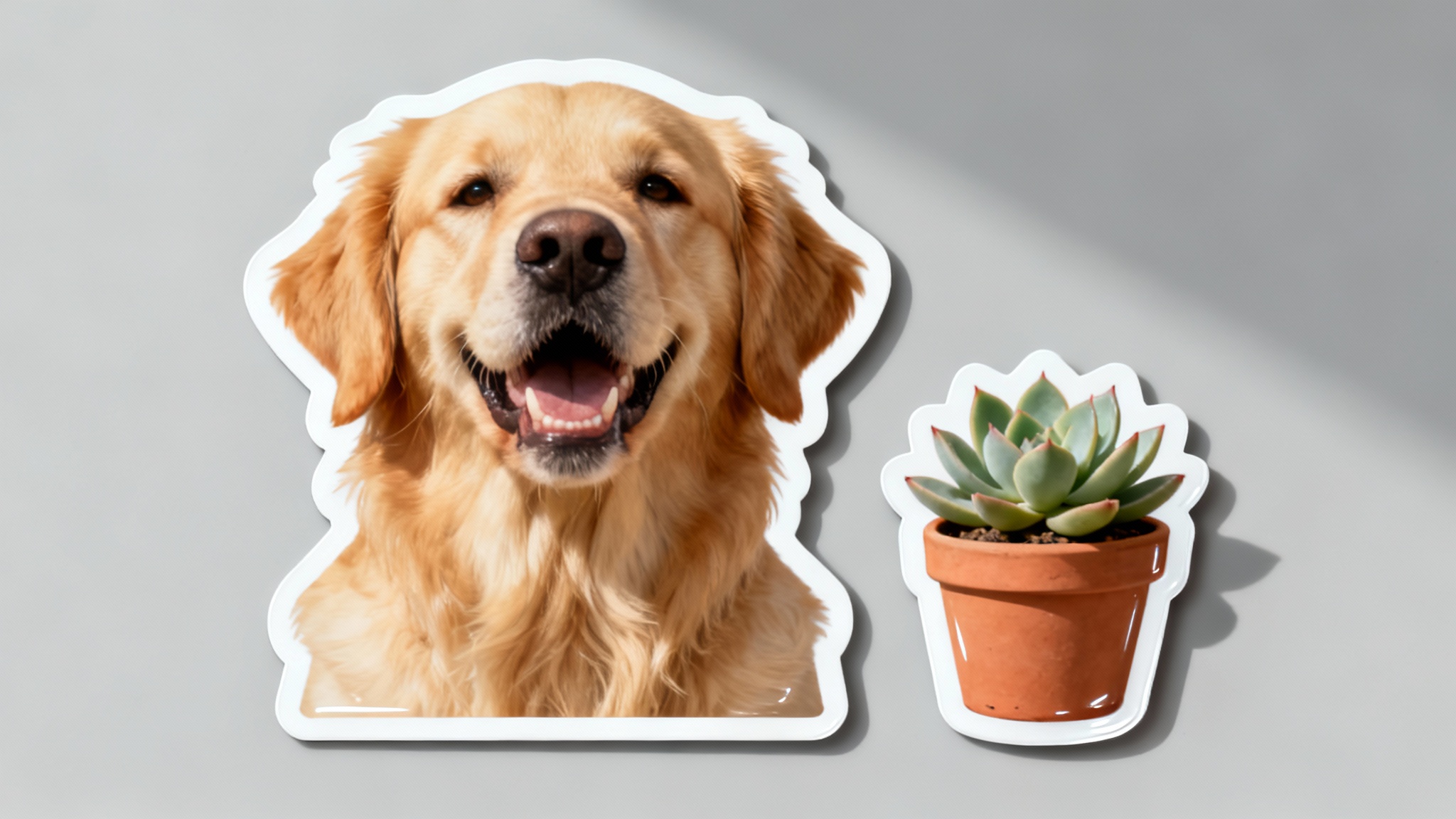 Several custom die-cut vinyl stickers created from photographs, including one of a happy golden retriever and another of a succulent plant, arranged on a clean, light-colored surface.