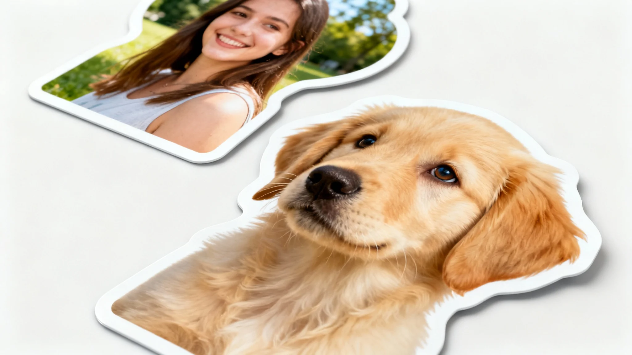 Two custom die-cut stickers made from photos, one of a golden retriever puppy and one of a smiling woman, shown with a glossy finish on a plain white background.