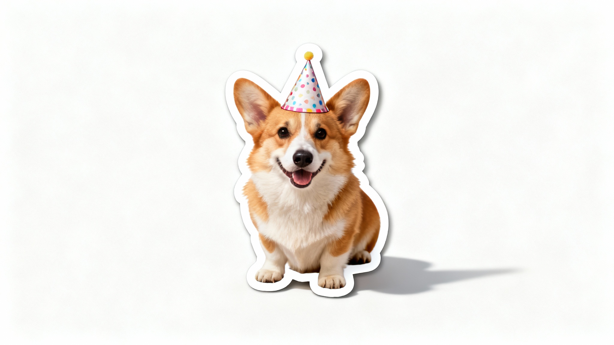 A glossy, die-cut sticker of a photorealistic Corgi wearing a party hat, shown on a clean white background.