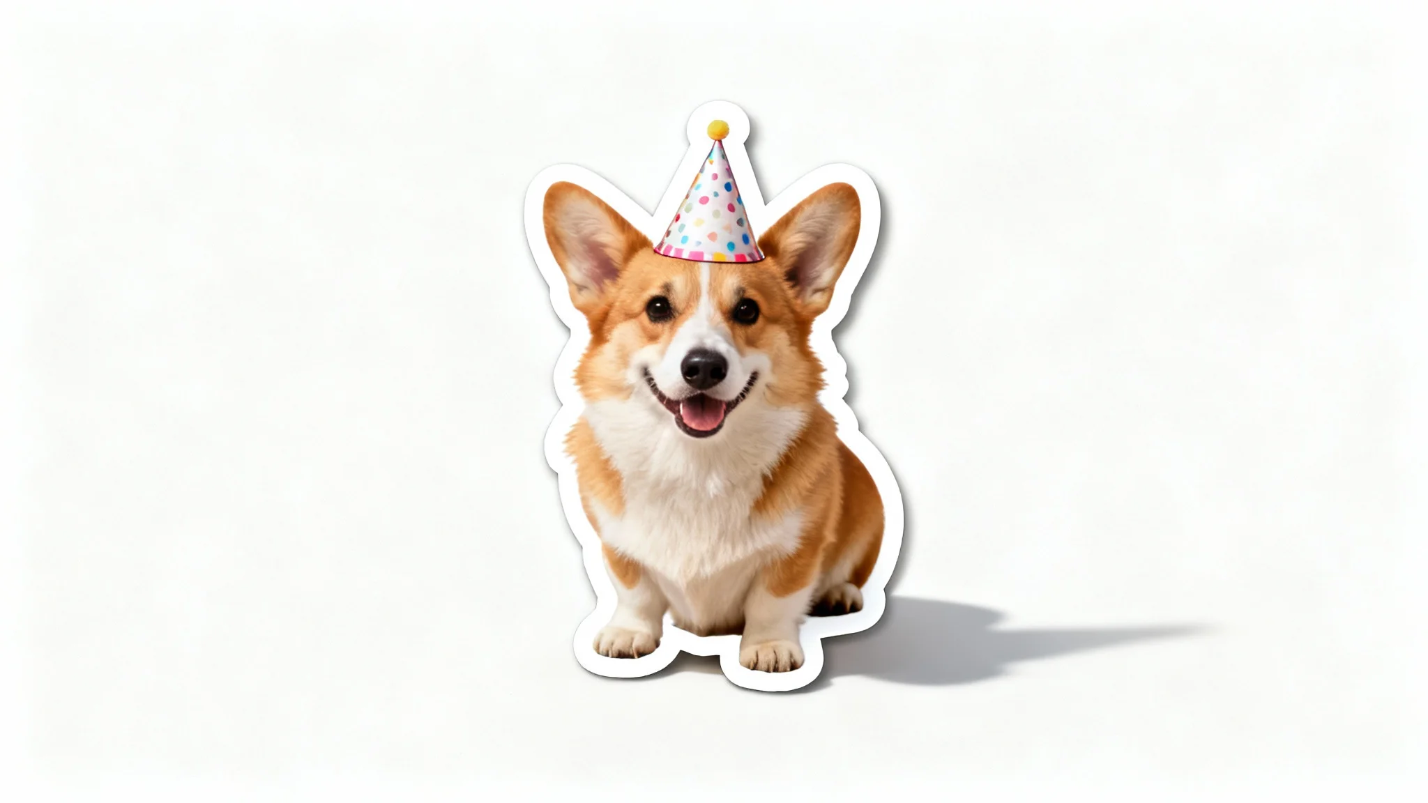 A glossy, die-cut sticker of a photorealistic Corgi wearing a party hat, shown on a clean white background.