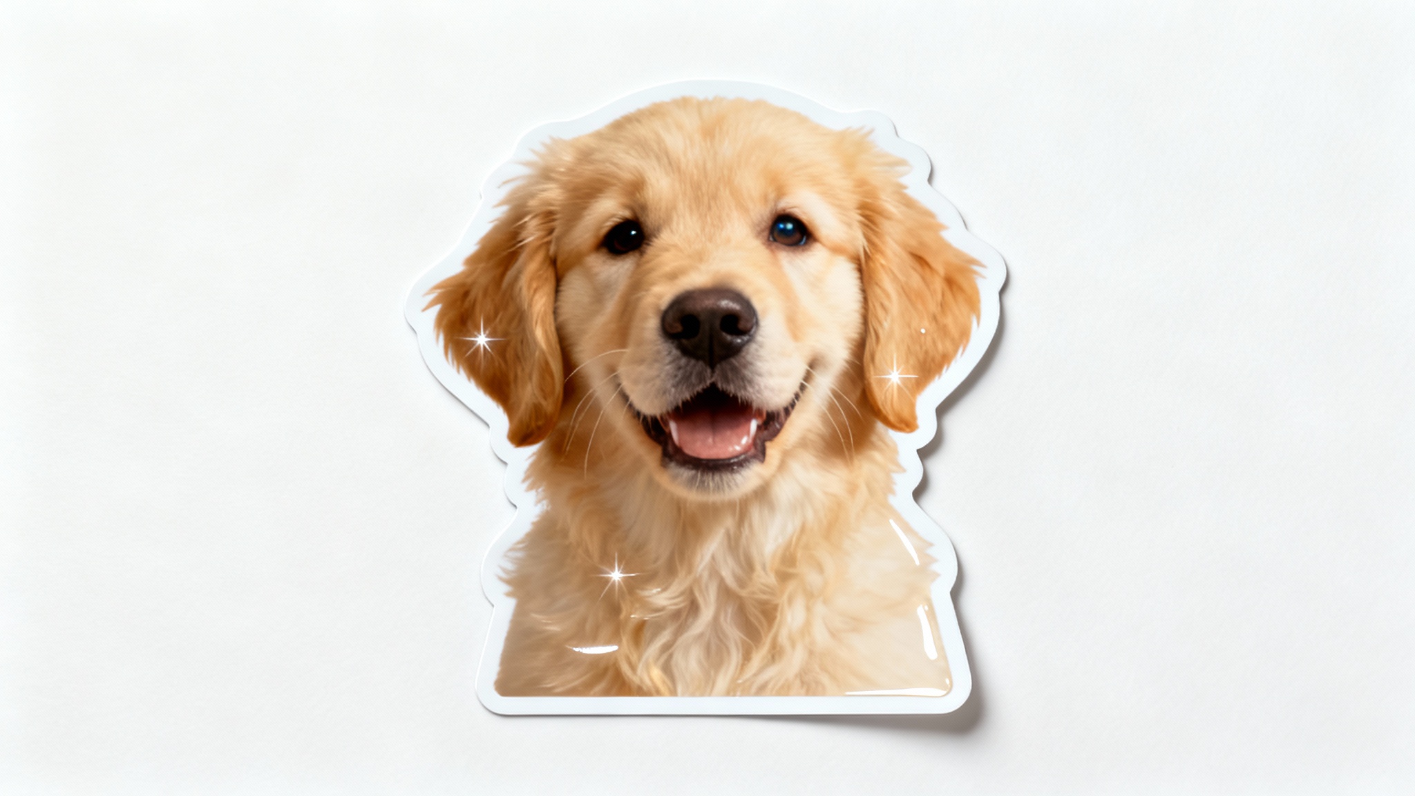 A photorealistic die-cut sticker of a smiling golden retriever's head, created from a photo and displayed with a white border on a clean white background.