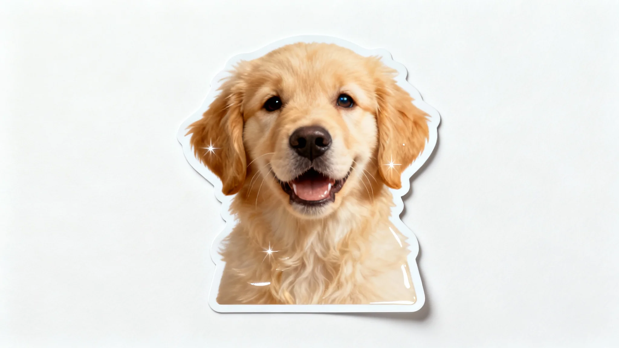A photorealistic die-cut sticker of a smiling golden retriever's head, created from a photo and displayed with a white border on a clean white background.