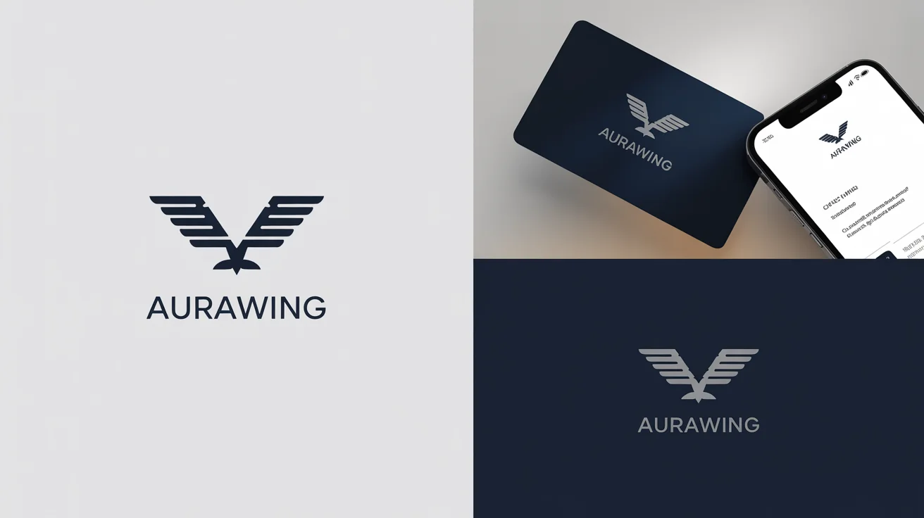 A professional brand identity mockup showcasing a modern, geometric bird logo for a company named 'AuraWing'. The logo is shown on a business card and a digital screen against a clean background.