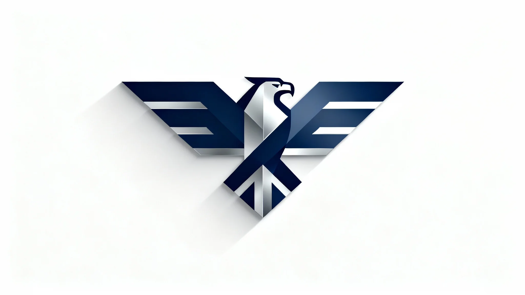 A modern, minimalist logo of a stylized eagle in navy blue and silver, presented as a mockup on a clean white background.