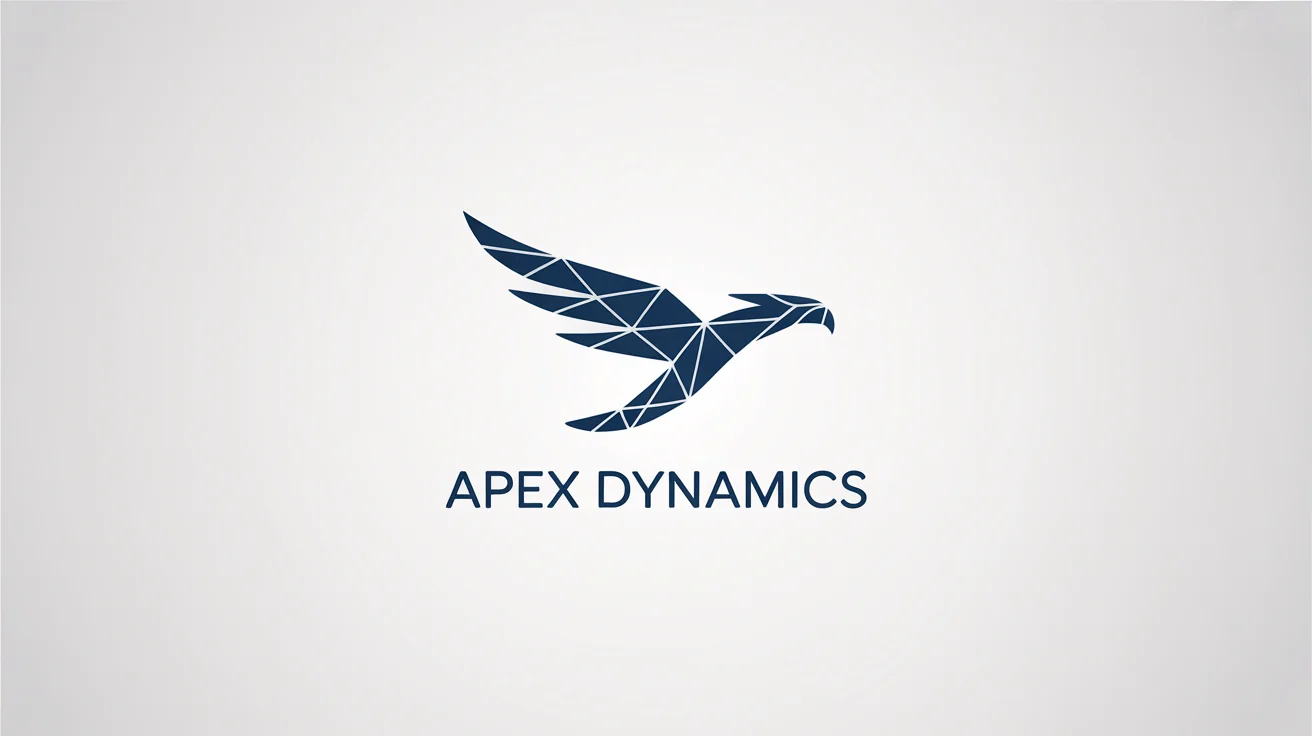 A modern, minimalist logo of a navy blue stylized eagle on a white background, with the fictional company name 'Apex Dynamics' written below it.