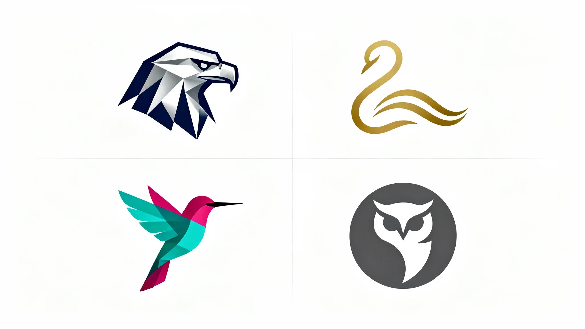 A collection of four modern bird logos on a white background, demonstrating different design styles for branding, including an eagle, a swan, a hummingbird, and an owl.