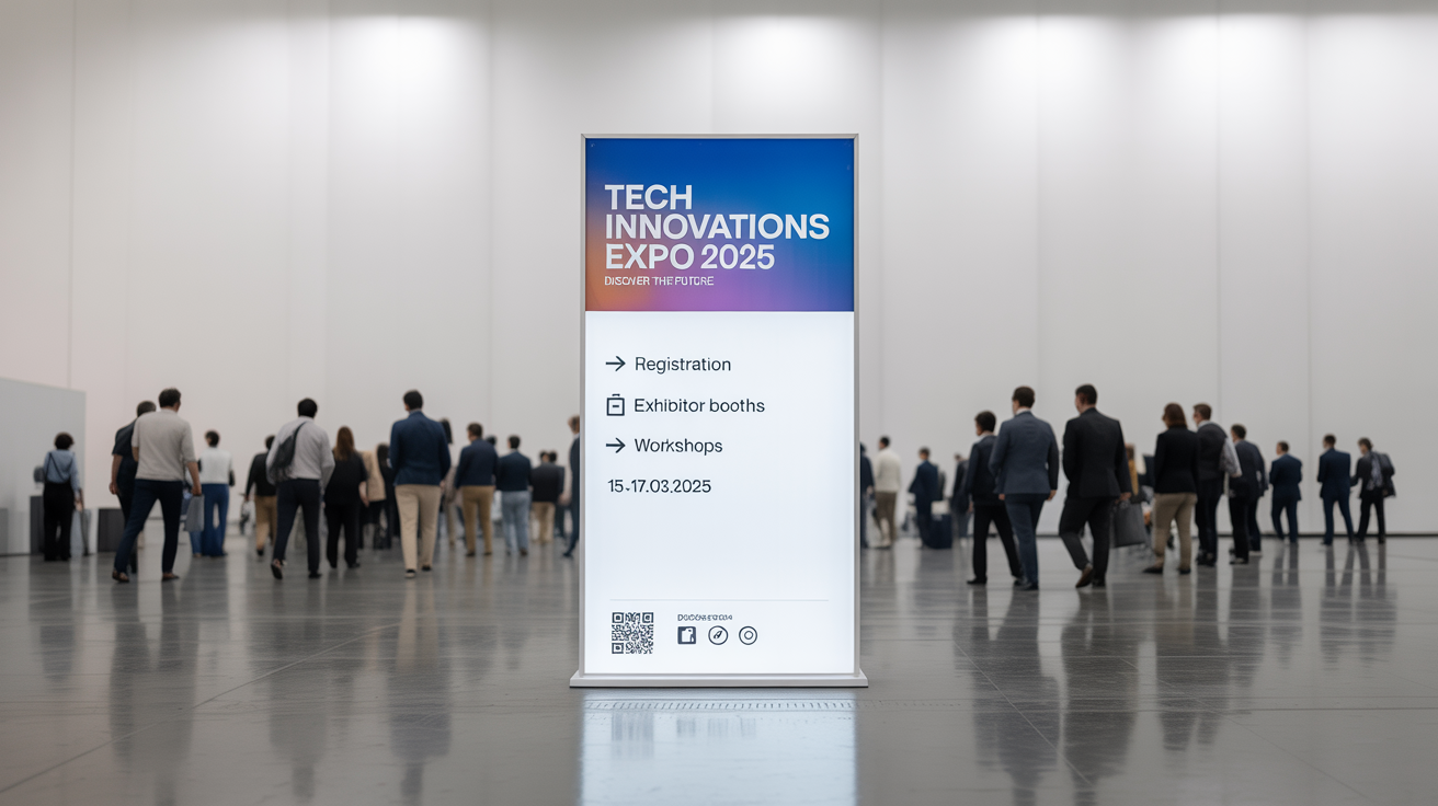 A finished, professional exhibition sign for the 'Tech Innovations Expo 2025' stands in a busy convention hall, displaying event information, directions, and a QR code on a modern blue and white background.