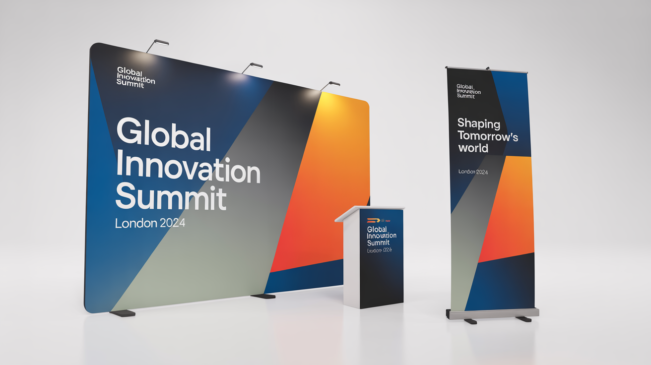A professional mockup of exhibition signage for a fictional event, the 'Global Innovation Summit'. The image shows a large backdrop, a roll-up banner, and a branded podium, all with a consistent blue, gray, and orange design, set against a plain white background.