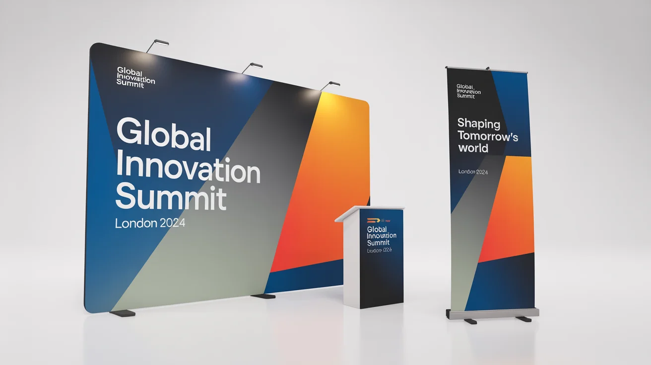 A professional mockup of exhibition signage for a fictional event, the 'Global Innovation Summit'. The image shows a large backdrop, a roll-up banner, and a branded podium, all with a consistent blue, gray, and orange design, set against a plain white background.