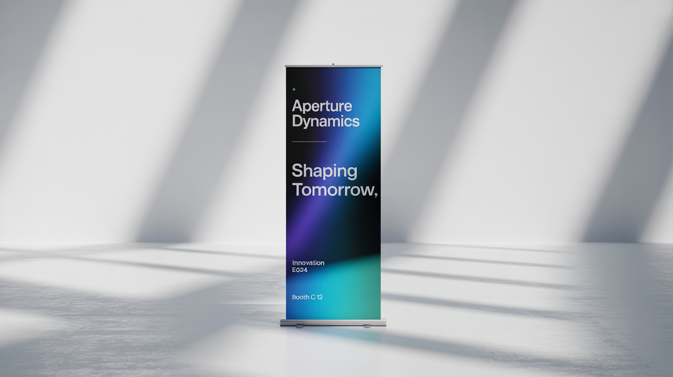 A professional mockup of a vertical exhibition banner for 'Aperture Dynamics' with the headline 'Shaping Tomorrow', set against a clean white background.