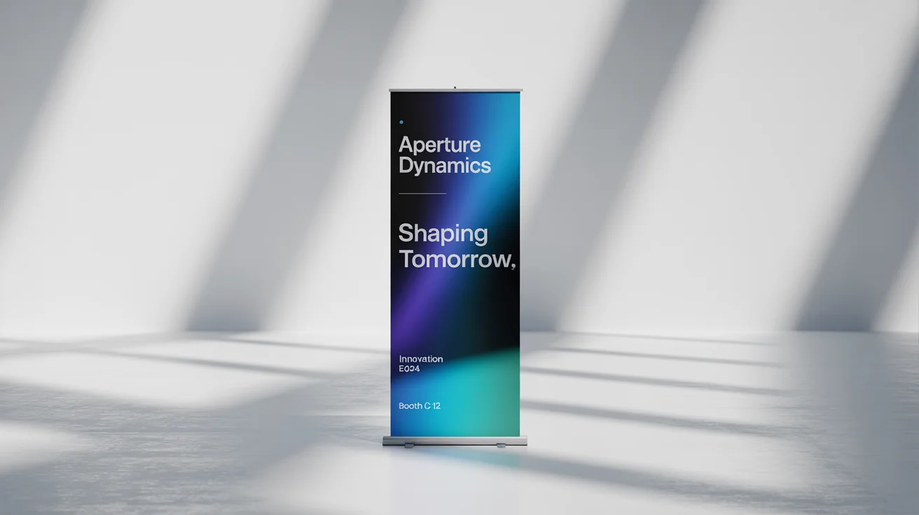 A professional mockup of a vertical exhibition banner for 'Aperture Dynamics' with the headline 'Shaping Tomorrow', set against a clean white background.