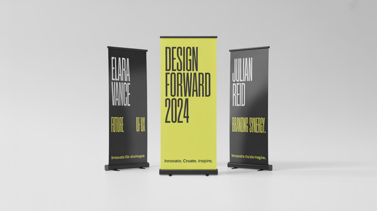 A photorealistic mockup of three modern, vertical exhibition banners for a design conference, featuring legible text and a clean design, set against a plain white background.