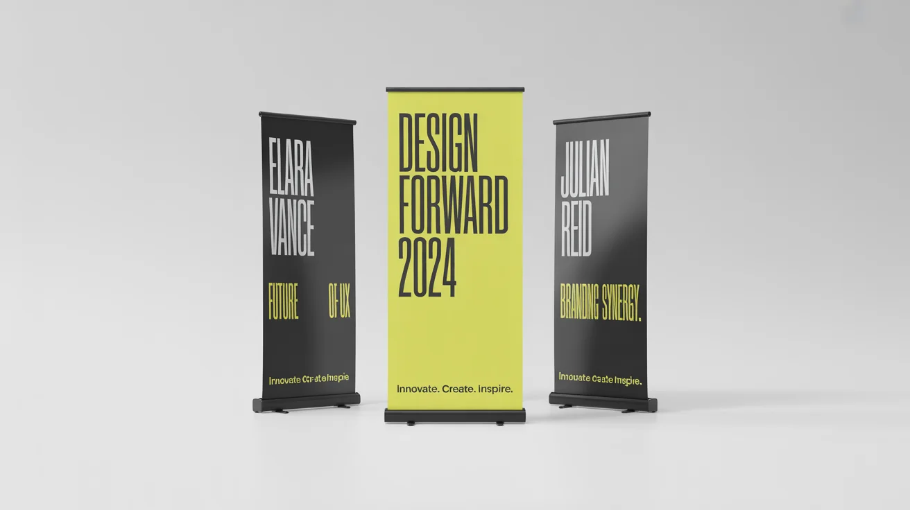 A photorealistic mockup of three modern, vertical exhibition banners for a design conference, featuring legible text and a clean design, set against a plain white background.