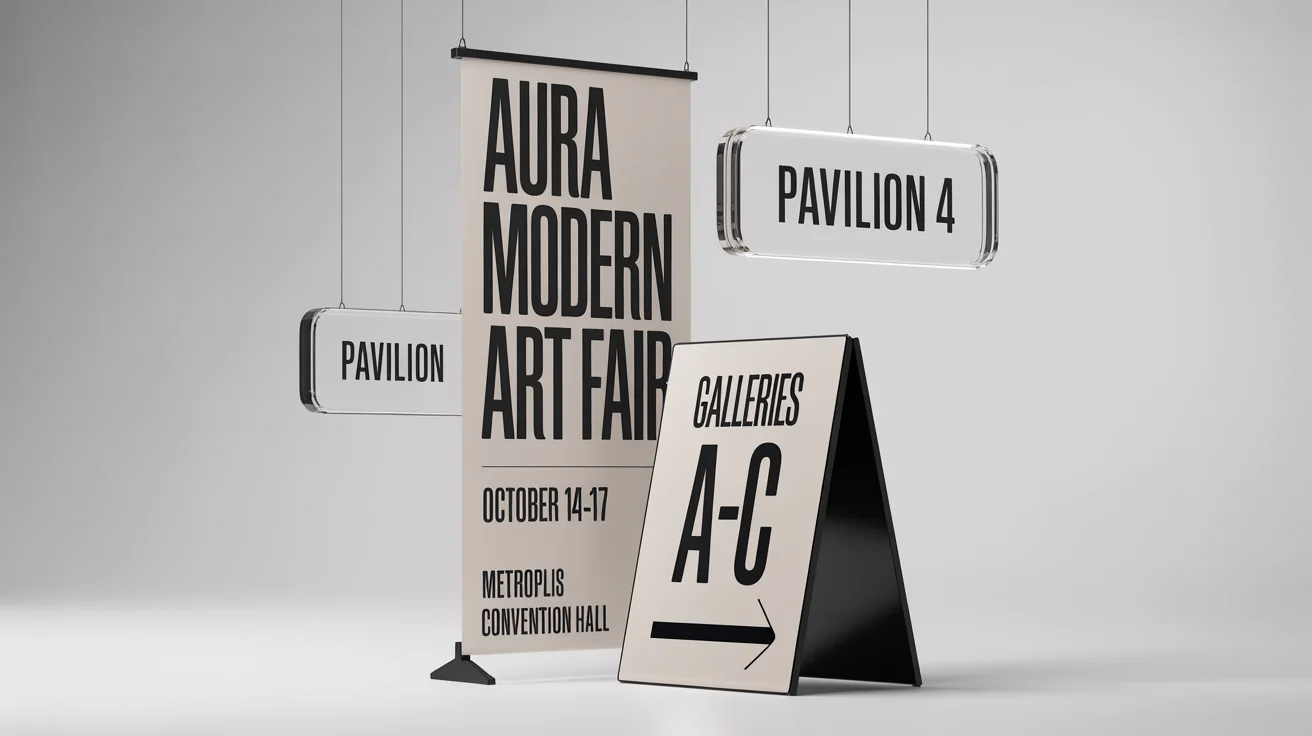 A professional mockup of various exhibition signage, including a large vertical banner for the 'AURA MODERN ART FAIR', an A-frame directional sign, and a hanging pavilion sign, all displayed on a clean white background.