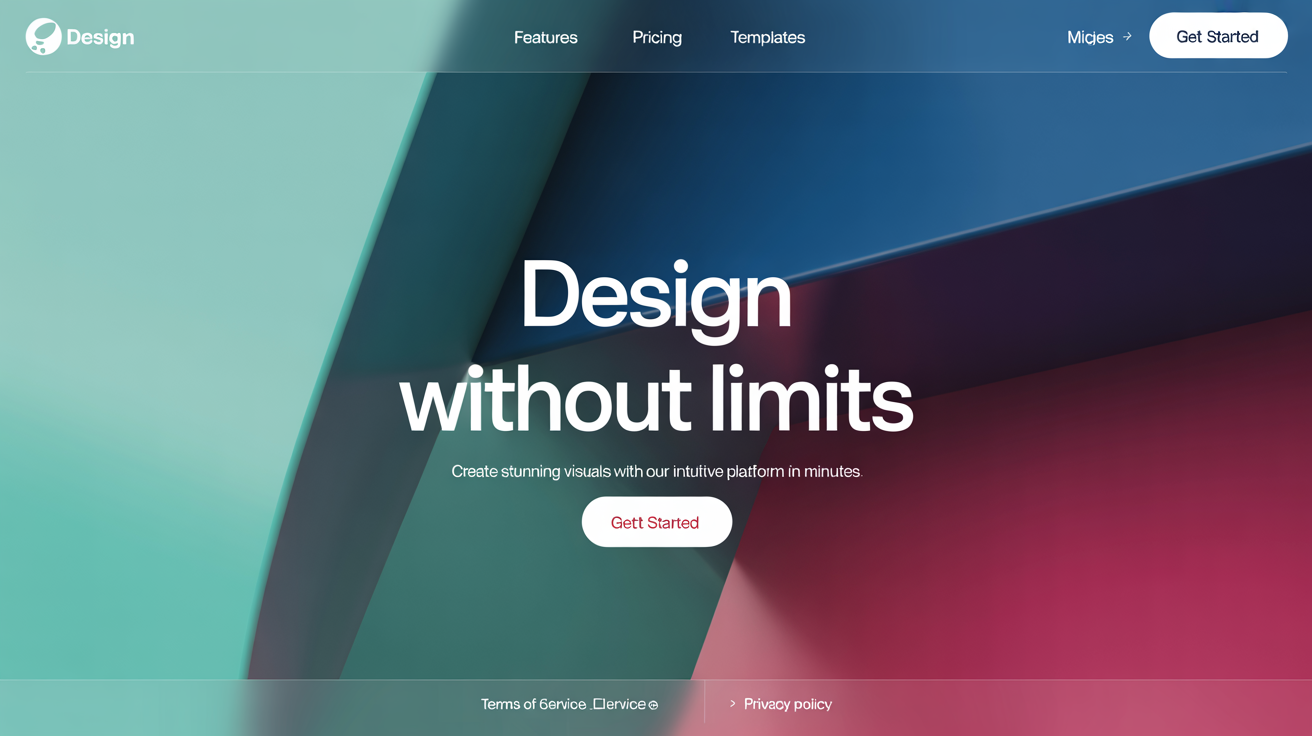 A professionally designed 16:9 hero image with a modern abstract background of blue and teal geometric shapes. White text overlay reads 'Design Without Limits' and 'Create stunning visuals with our intuitive platform in minutes'.