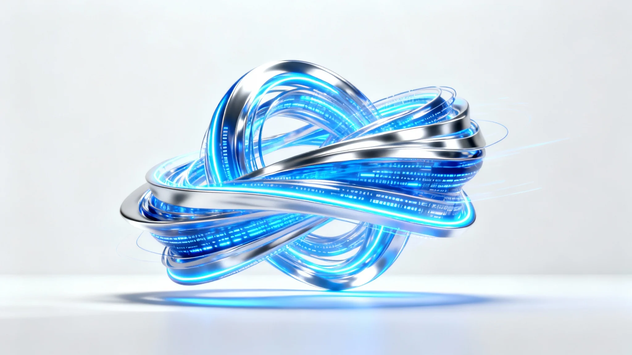 A modern, abstract hero image featuring a swirling sculpture of blue and silver light against a clean white background, symbolizing innovation and technology.