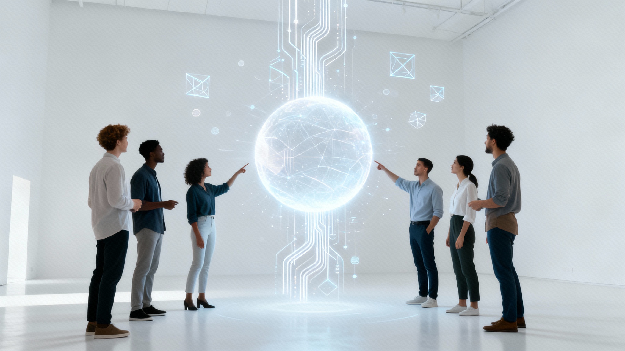 A diverse team of professionals in a modern white space, collaborating around a glowing abstract form of light and data streams, symbolizing innovation and teamwork.