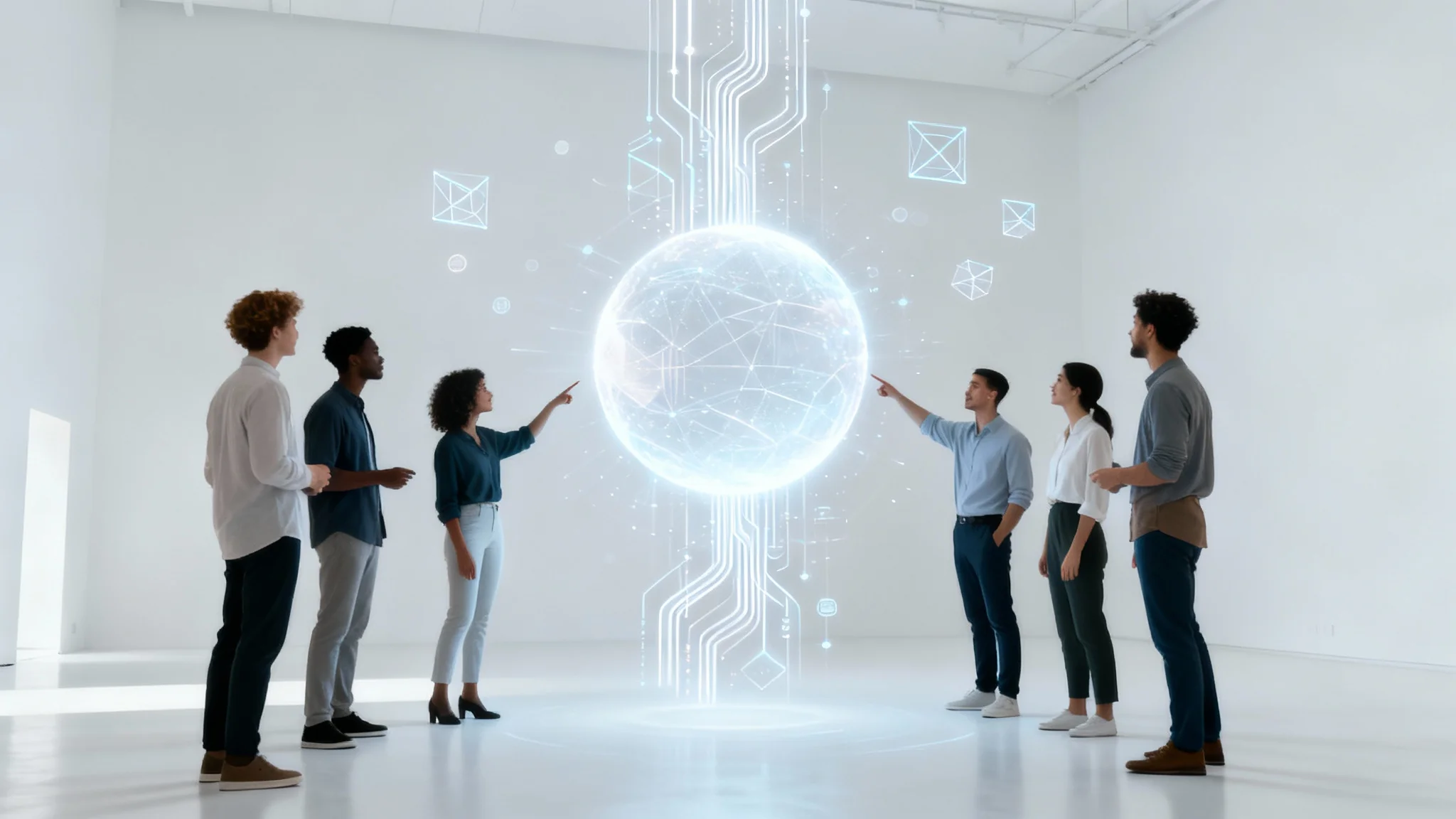 A diverse team of professionals in a modern white space, collaborating around a glowing abstract form of light and data streams, symbolizing innovation and teamwork.