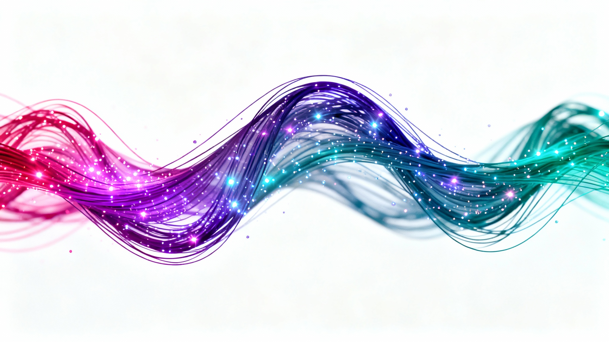 An abstract digital artwork of a swirling wave of glowing pink, blue, and purple lines and particles on a clean white background, symbolizing innovation and dynamic energy.