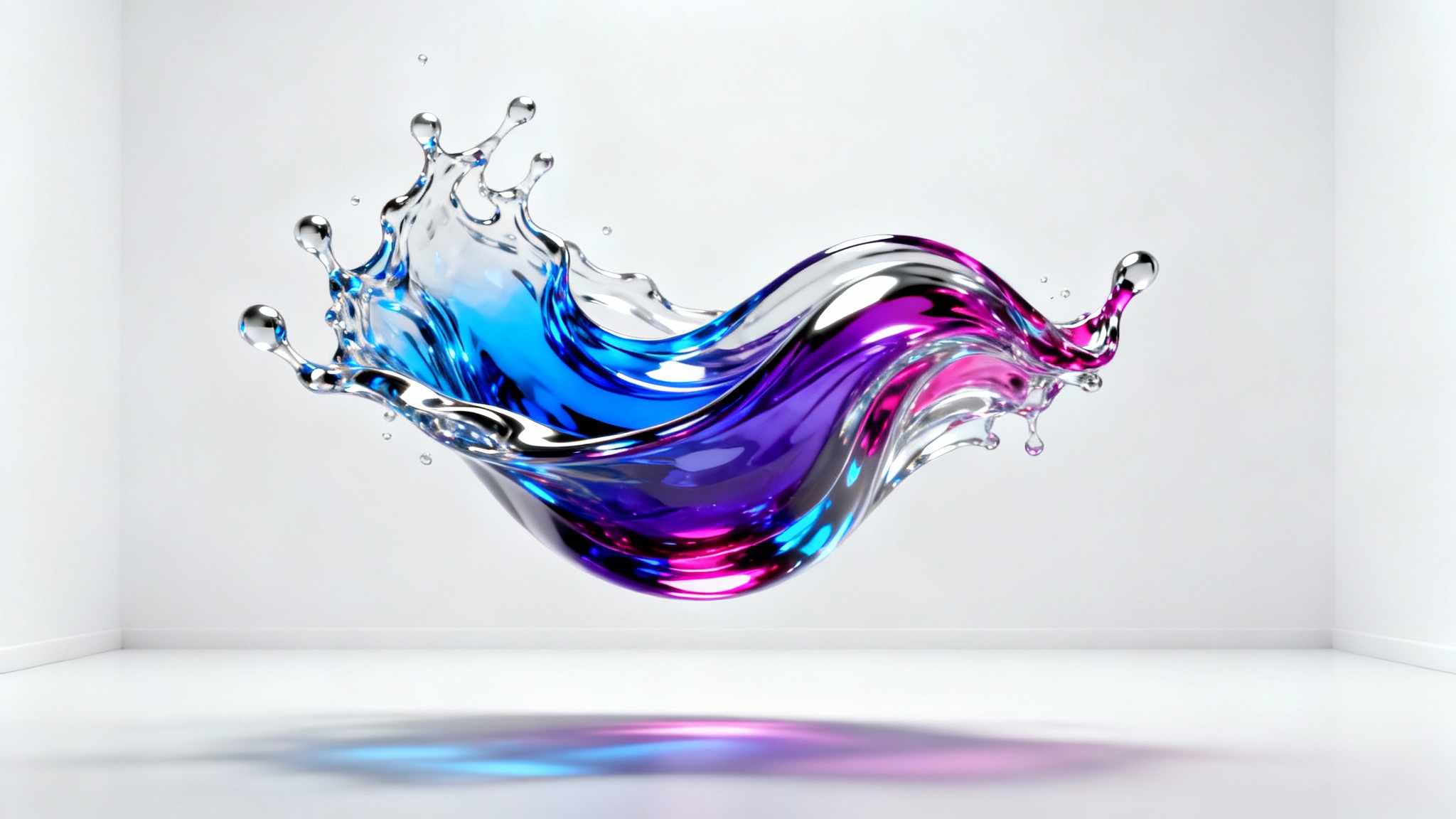 A dynamic 3D sculpture of swirling liquid chrome and iridescent glass in blue, purple, and magenta, suspended against a clean white background, symbolizing creative energy.