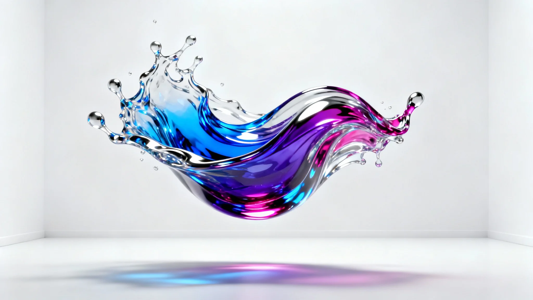 A dynamic 3D sculpture of swirling liquid chrome and iridescent glass in blue, purple, and magenta, suspended against a clean white background, symbolizing creative energy.