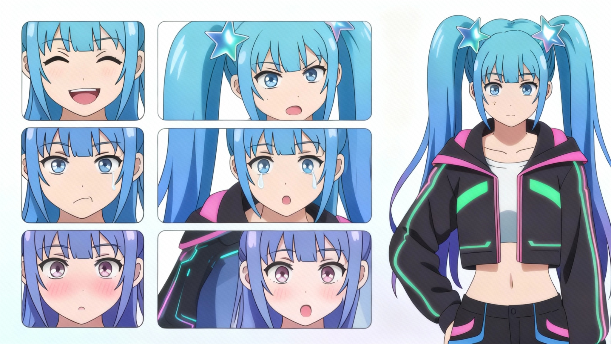 A finished character expression sheet for a female VTuber with blue twin-tail hair and a futuristic outfit. The sheet displays six different emotional expressions: happy, sad, angry, surprised, shy, and neutral, presented in a clean grid format.