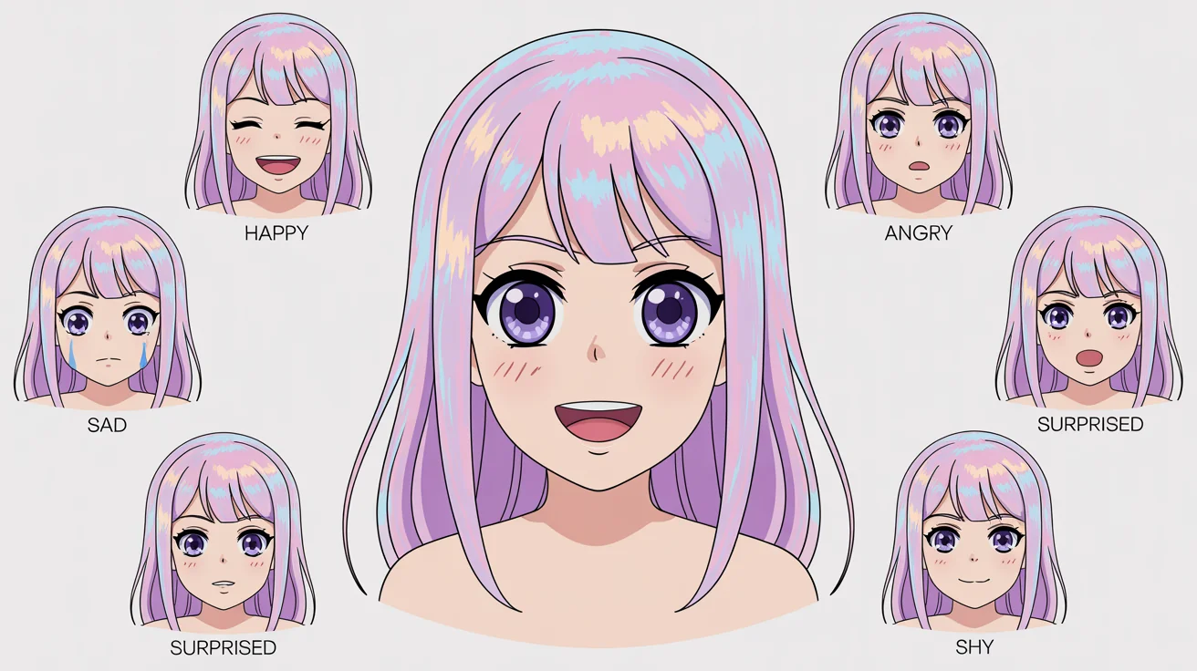 An anime-style character expression sheet for a female VTuber with pink hair. The sheet displays seven different expressions, including happy, sad, angry, and surprised, each labeled in a clean grid format.