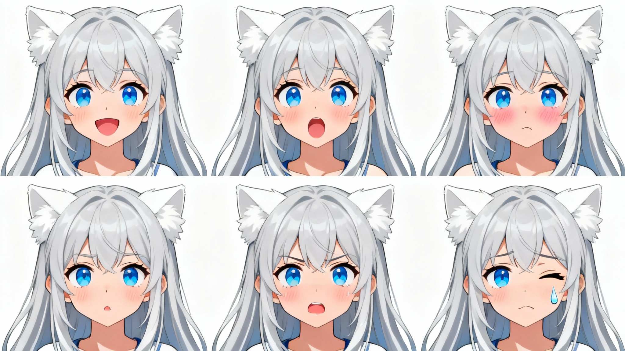 An anime-style expression sheet for a VTuber character against a white background. The character, a girl with silver hair and cat ears, is shown in six different expressions: happy, surprised, shy, angry, sad, and winking.