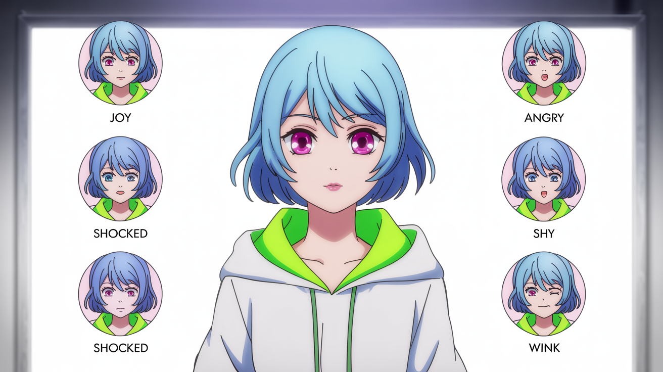 An anime-style character expression sheet for a VTuber. A central portrait of a girl with pastel blue hair is surrounded by six smaller icons showing different emotions: joy, anger, sadness, shock, shyness, and a wink.