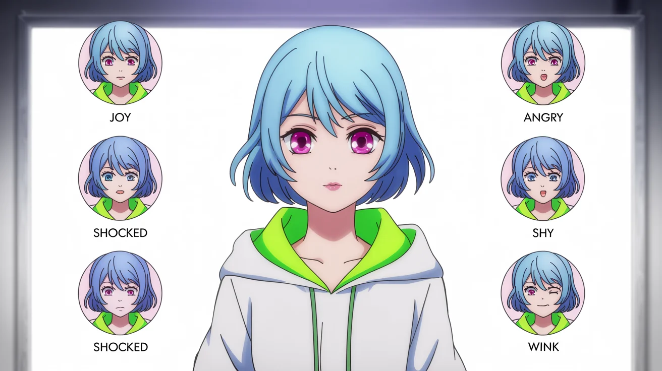 An anime-style character expression sheet for a VTuber. A central portrait of a girl with pastel blue hair is surrounded by six smaller icons showing different emotions: joy, anger, sadness, shock, shyness, and a wink.