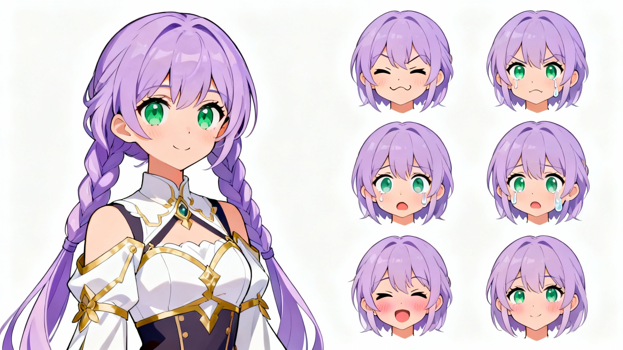 A character expression sheet for an anime-style female VTuber with purple hair, showcasing various emotions like happiness, anger, sadness, and surprise against a clean white background.