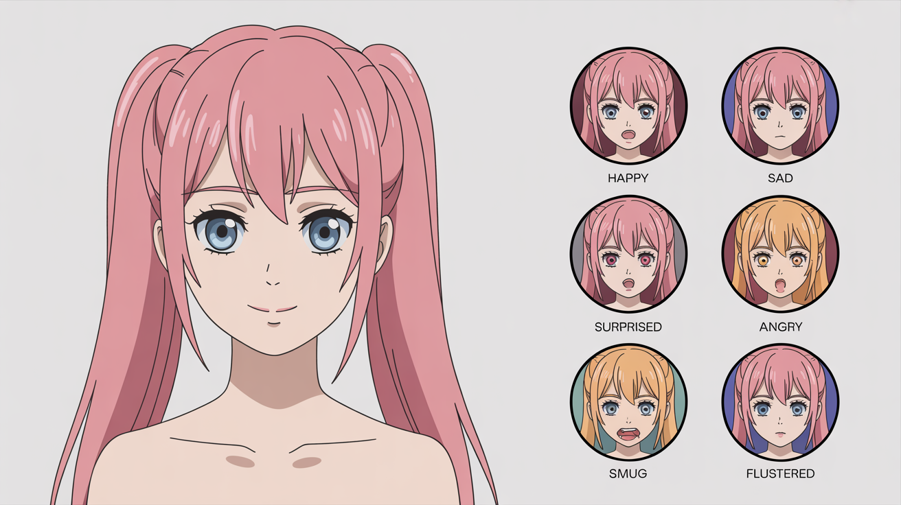 An anime-style expression sheet for a VTuber character with pink twin tails, showcasing various emotions like happiness, sadness, and anger on a white background, each labeled with text.