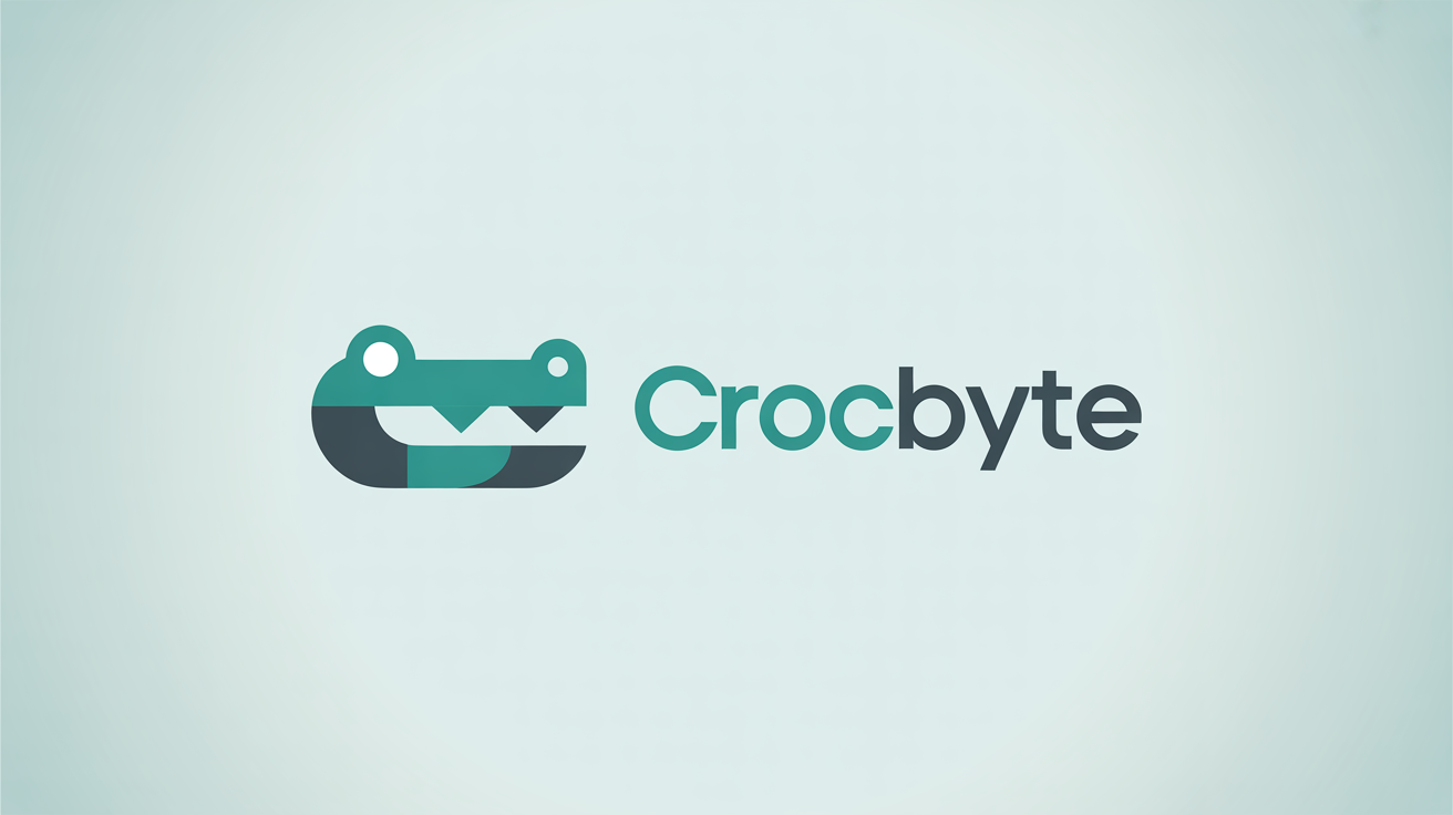A modern, professional logo featuring a stylized teal and gray alligator, with the company name 'CrocByte' displayed on a clean background.