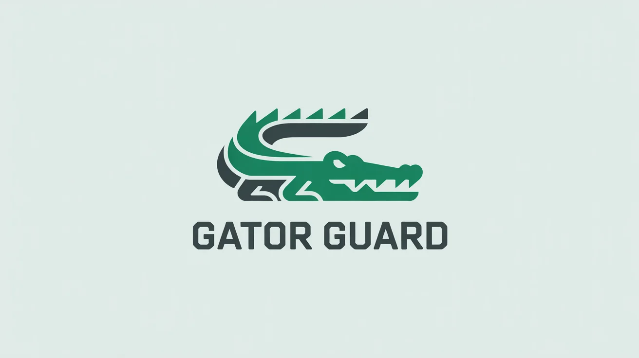 A modern, minimalist alligator logo in emerald green and charcoal gray, with the text 'GATOR GUARD' below it, on a clean white background.