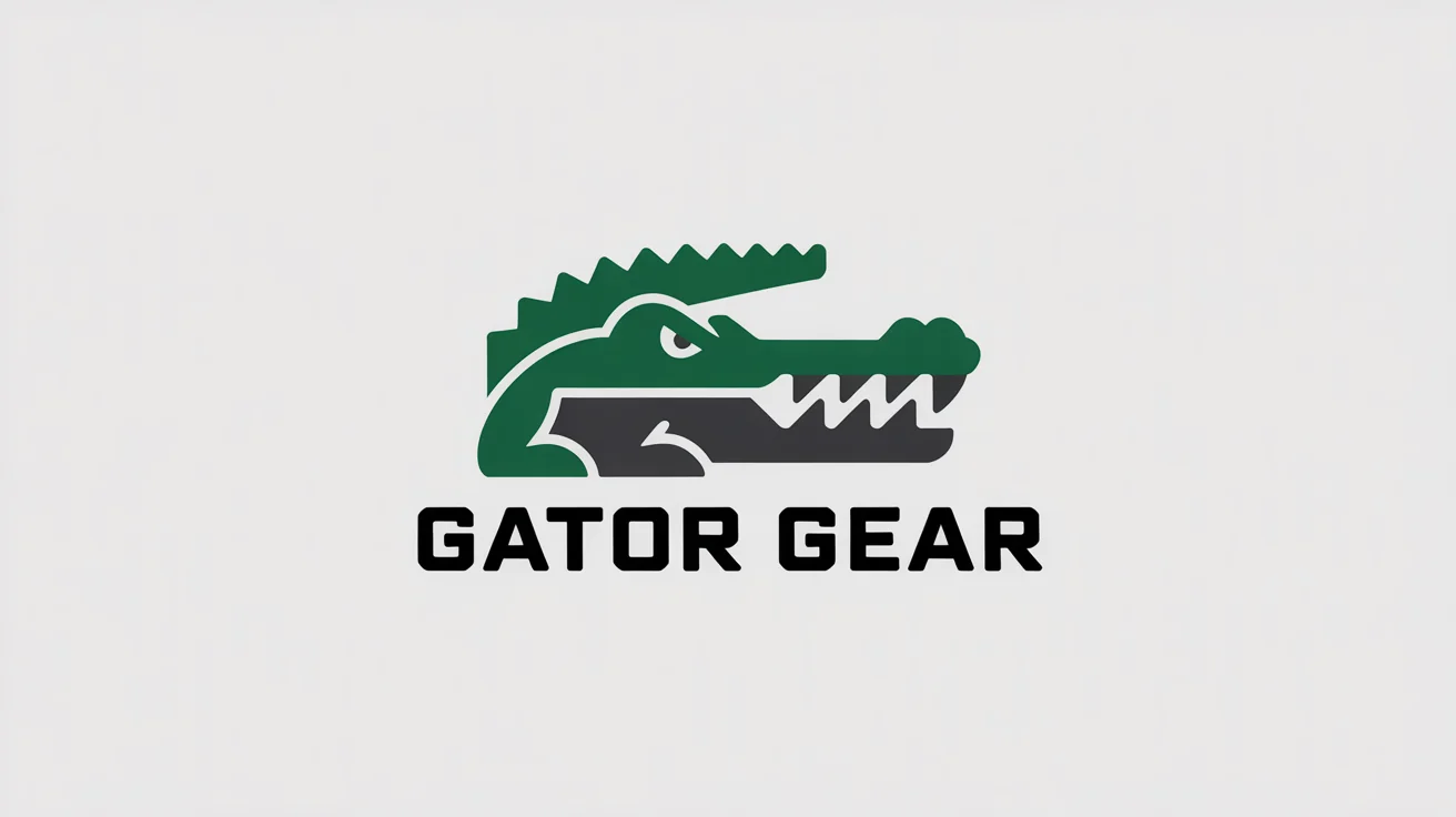 A modern, minimalist alligator logo for a brand named 'GATOR GEAR'. The stylized alligator is green and gray, set against a clean white background.