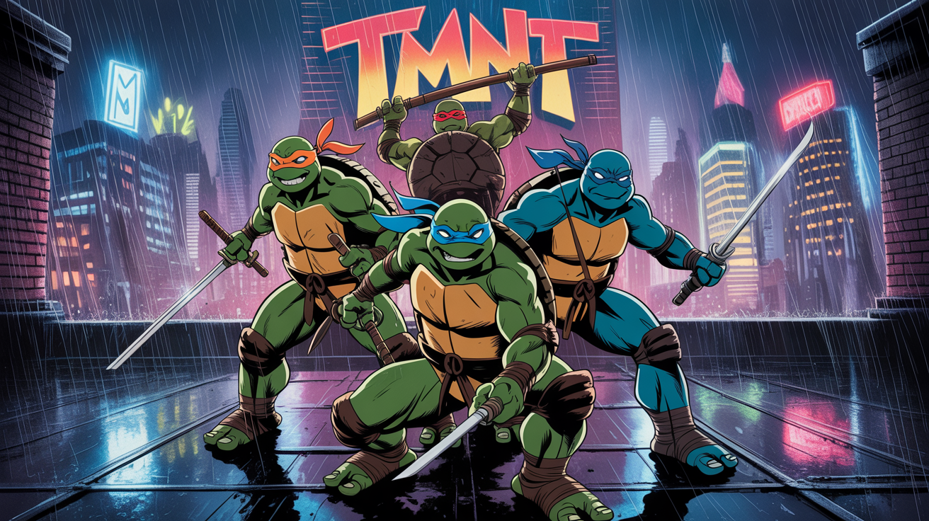 A dynamic digital wallpaper of the Teenage Mutant Ninja Turtles on a dark city rooftop at night, ready for action, with the letters TMNT in graffiti style in the background.